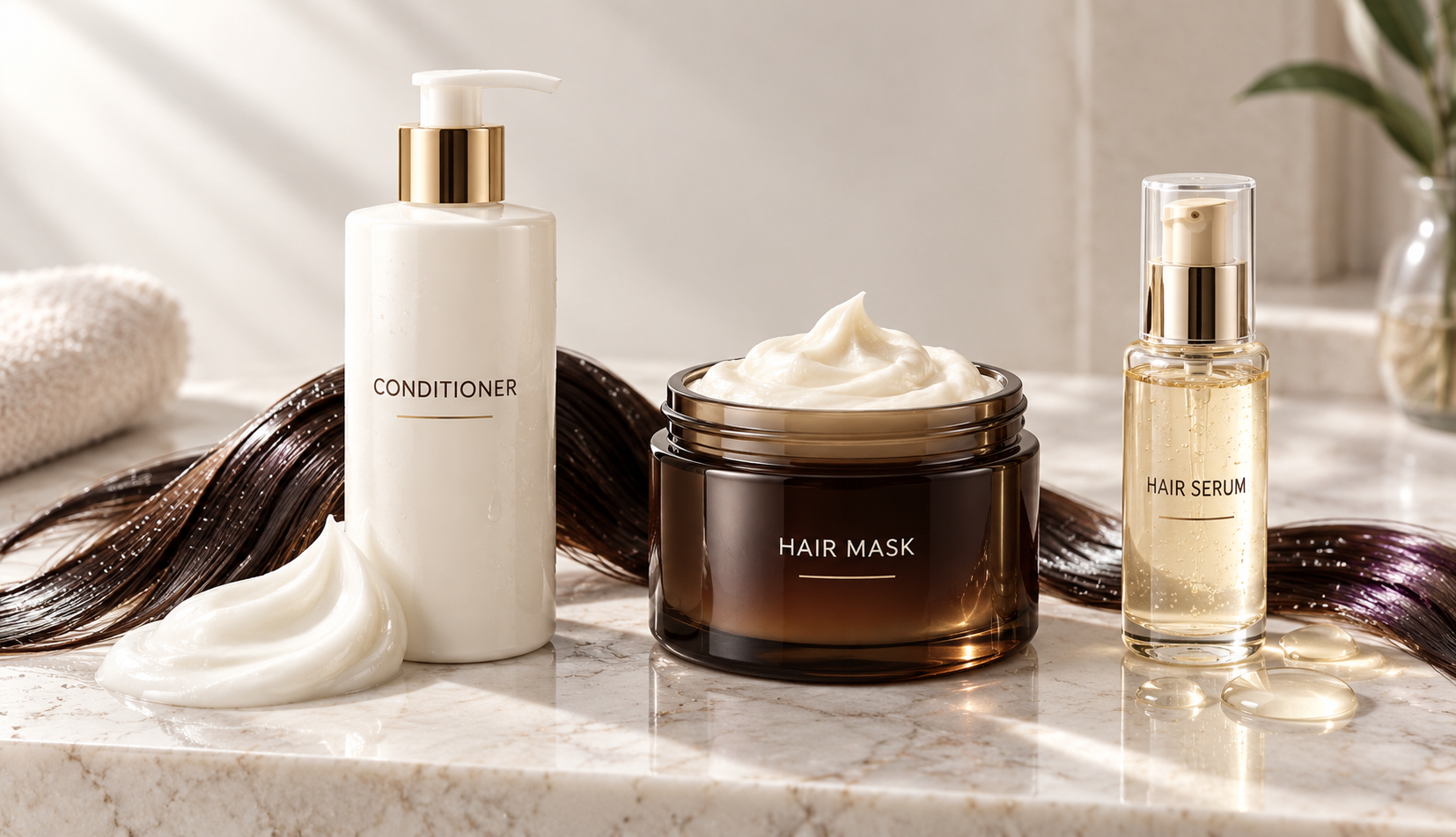 Rinse-out conditioner, rich hair mask and lightweight serum shown as different haircare formats
