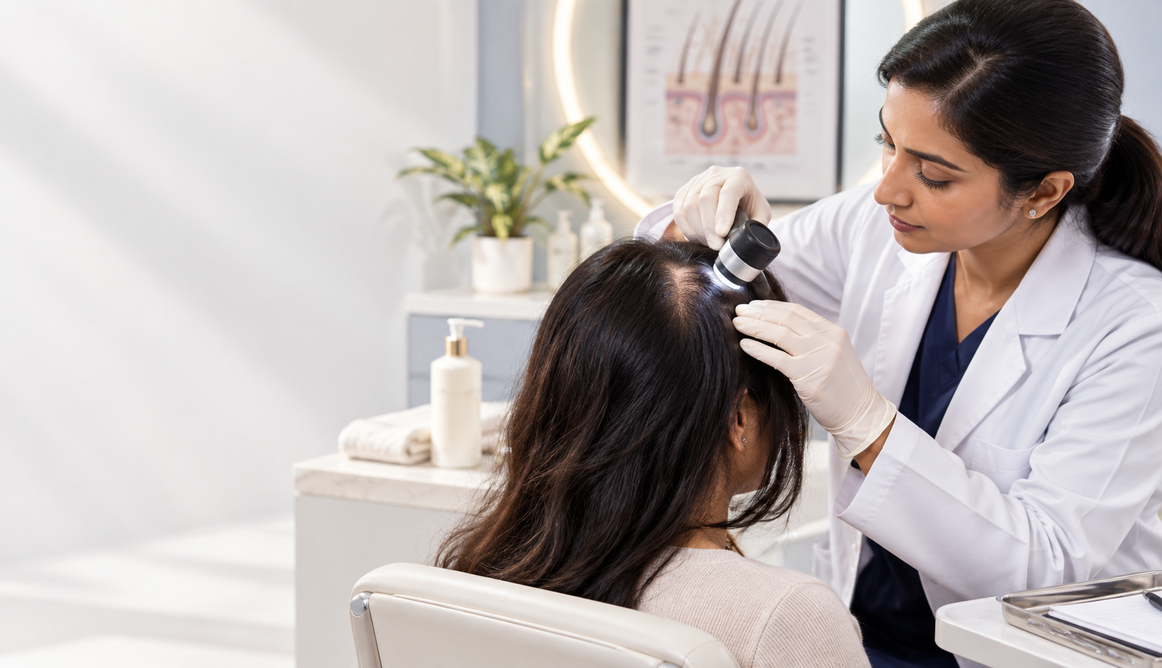 Dermatologist examining hair and scalp concerns that cannot be managed by conditioner alone