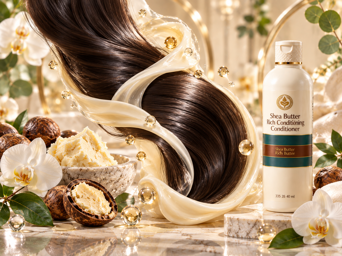 Flowing healthy hair surrounded by creamy Shea Butter ribbons, raw shea nuts, crystal hydration droplets, and luxury botanical elements representing deep conditioning and nourishment.