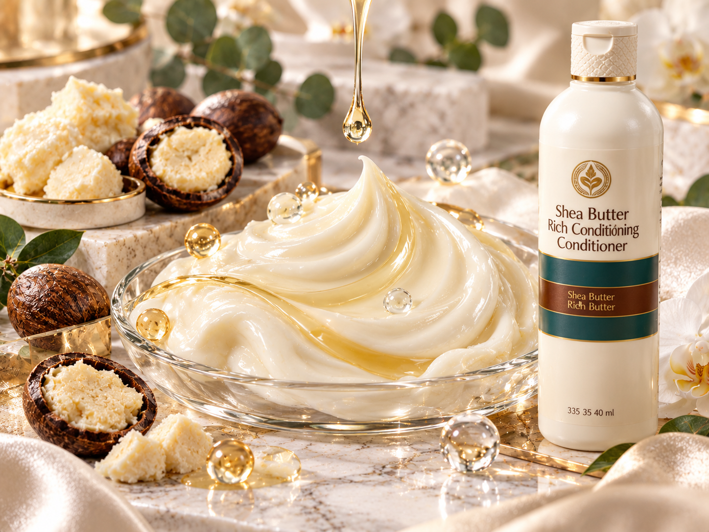 Rich creamy shea butter conditioner texture with melted shea butter ribbons, raw shea nuts, and crystal hydration droplets in a luxury cosmetic macro composition.