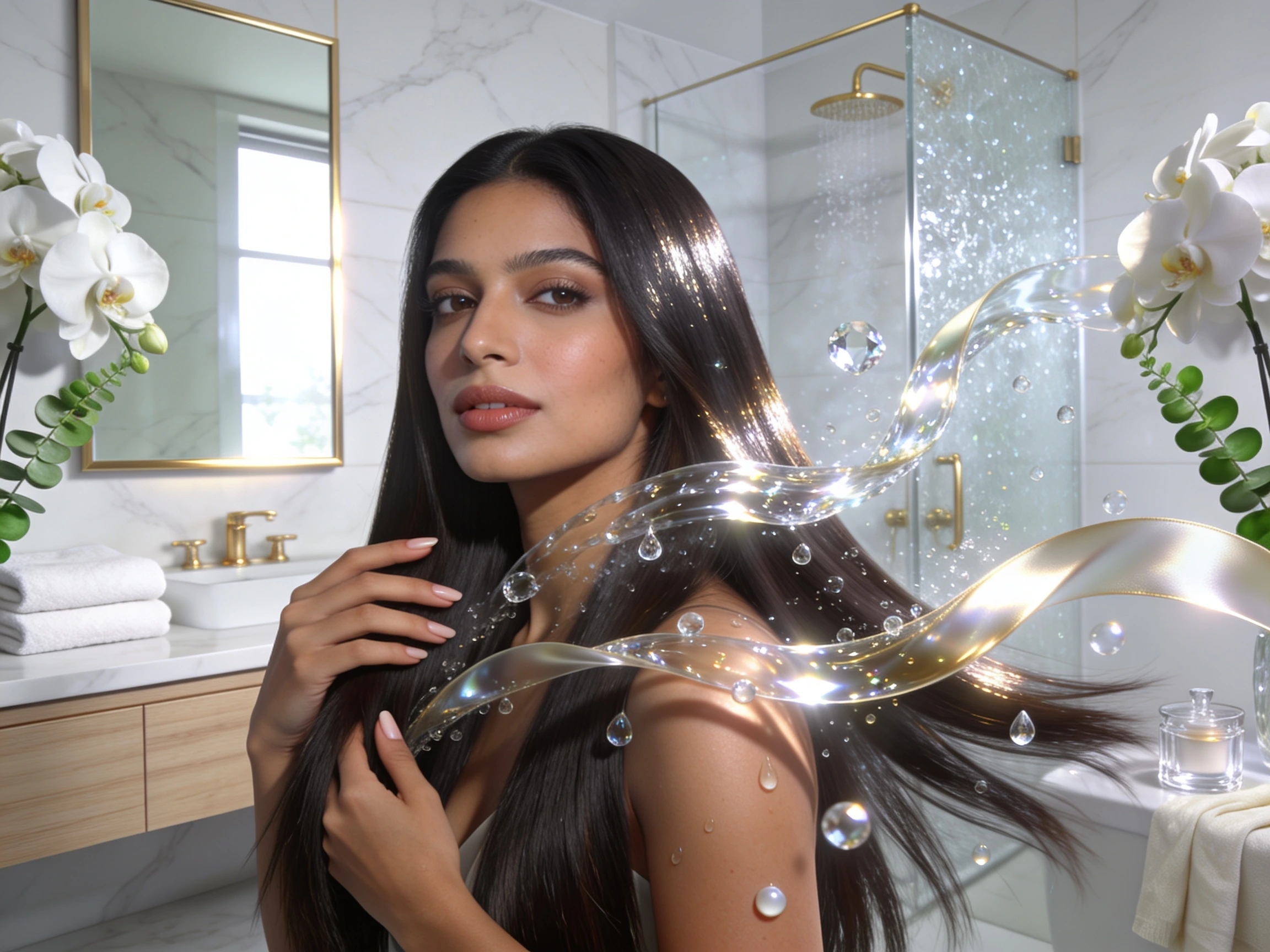 South Asian woman with mirror-shine silky hair surrounded by crystal glossy ribbons, reflective droplets, white orchids, and luxury spa-inspired styling representing smooth slip and professional haircare.