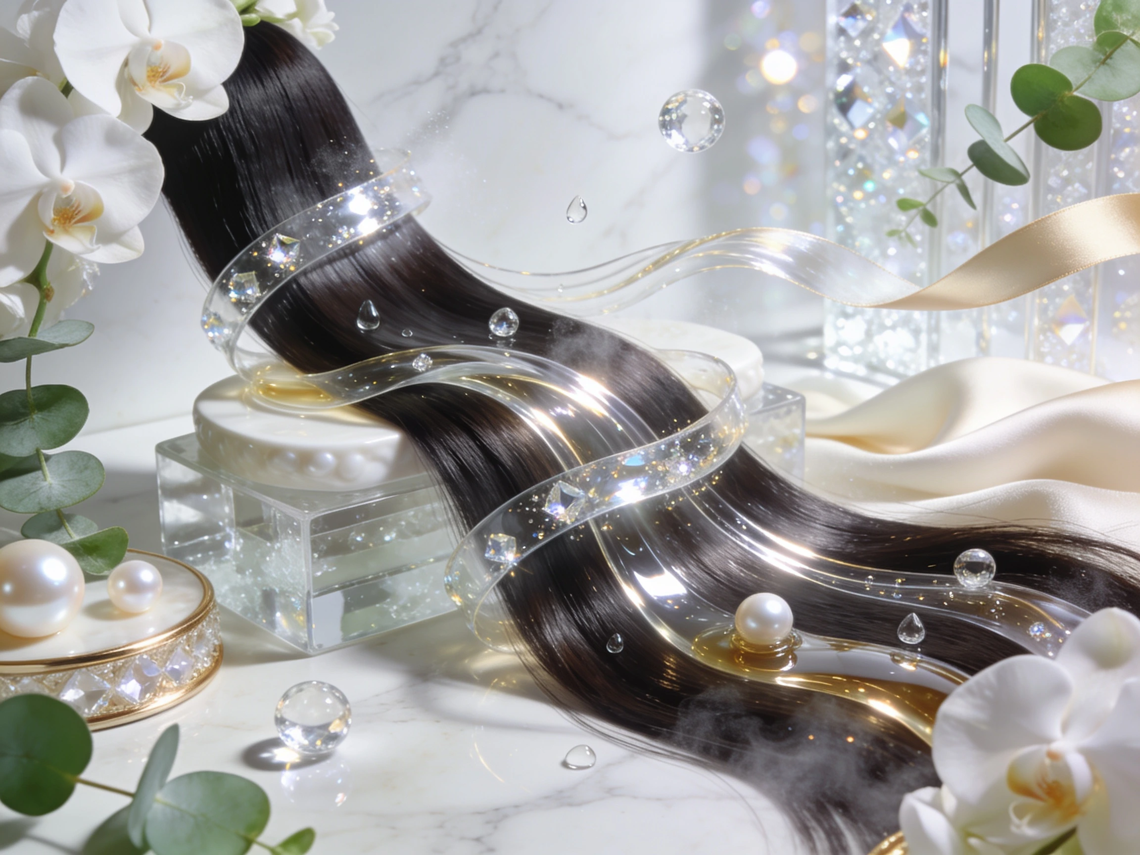 Flowing mirror-shine hair wrapped in crystal-clear glossy ribbons with reflective droplets, glass spheres, white orchids, and luxury editorial styling representing effortless slip and professional salon-quality shine.