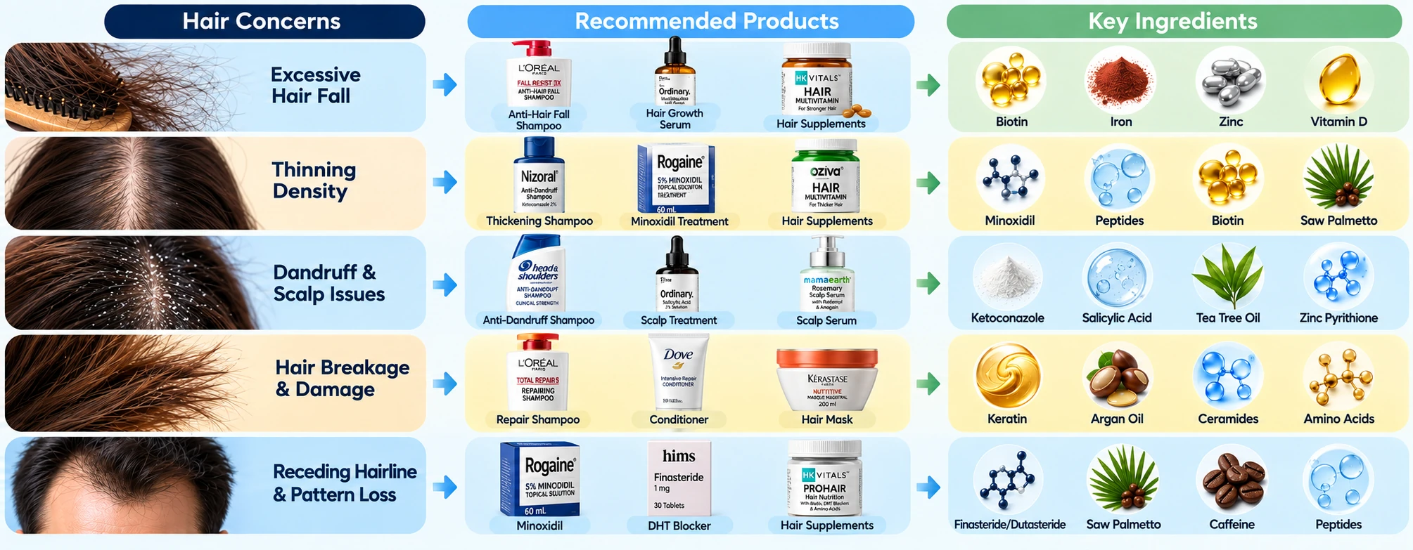 Hair concern to product map showing hair fall, thinning, dandruff, damage and pattern loss