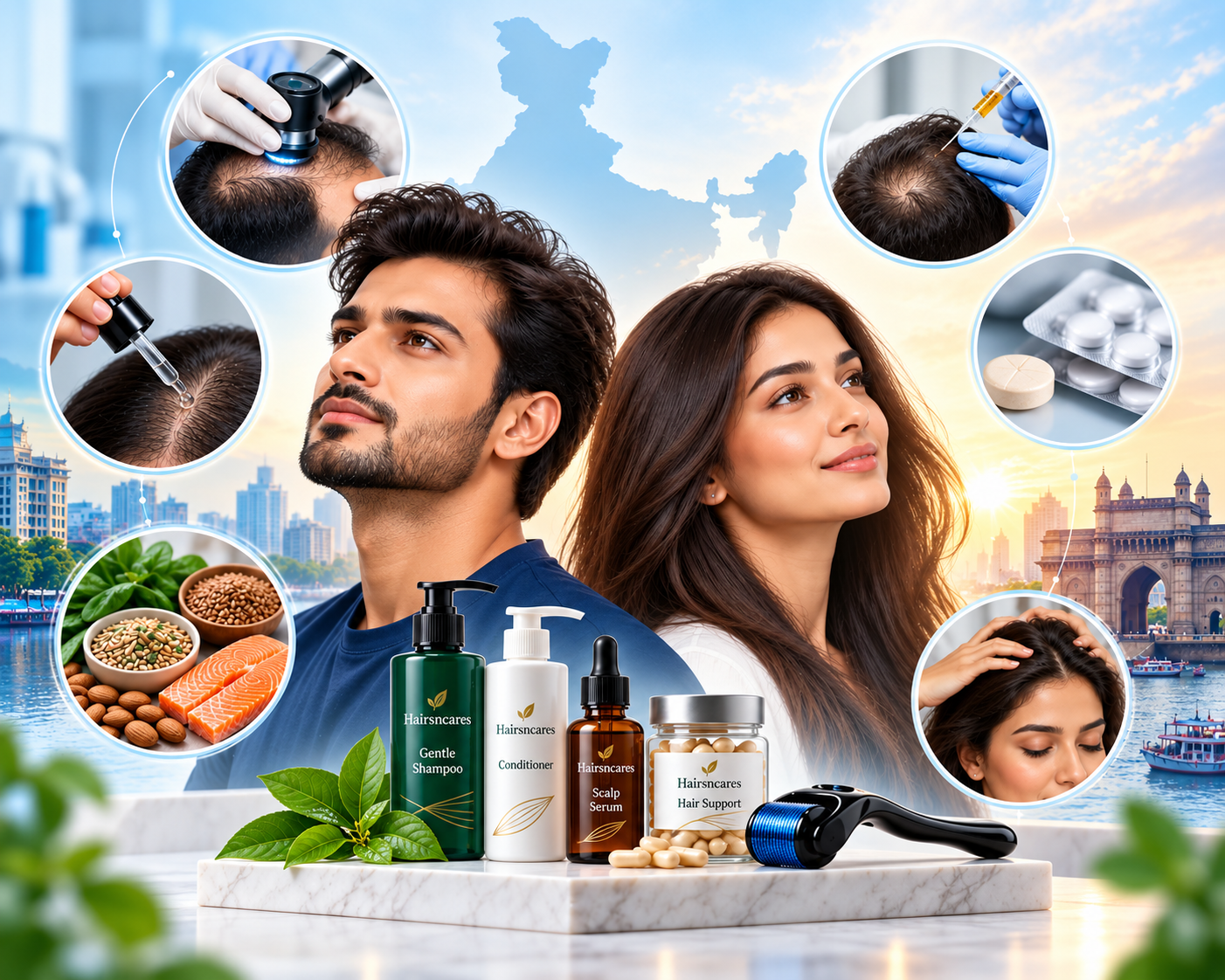 Hair fall treatment in India showing scalp diagnosis, topical treatments, medication, nutrition, and hair care options