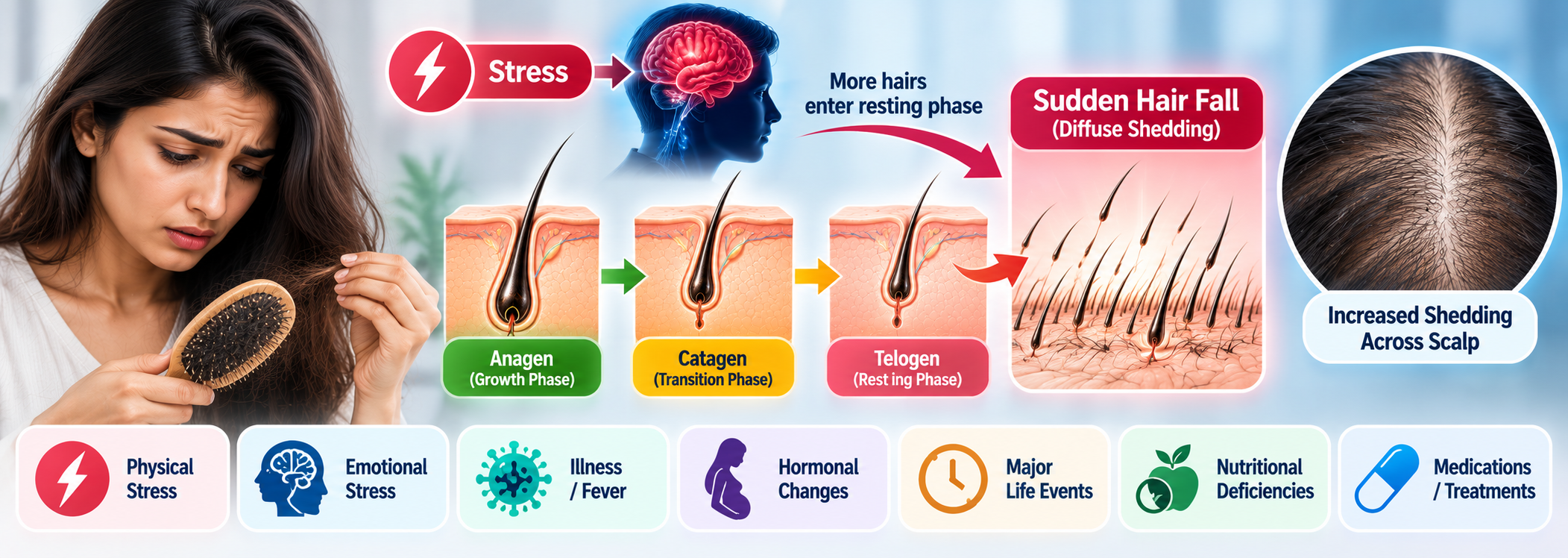 Sudden hair fall diagram showing a rapid spike in diffuse shedding from acute telogen effluvium