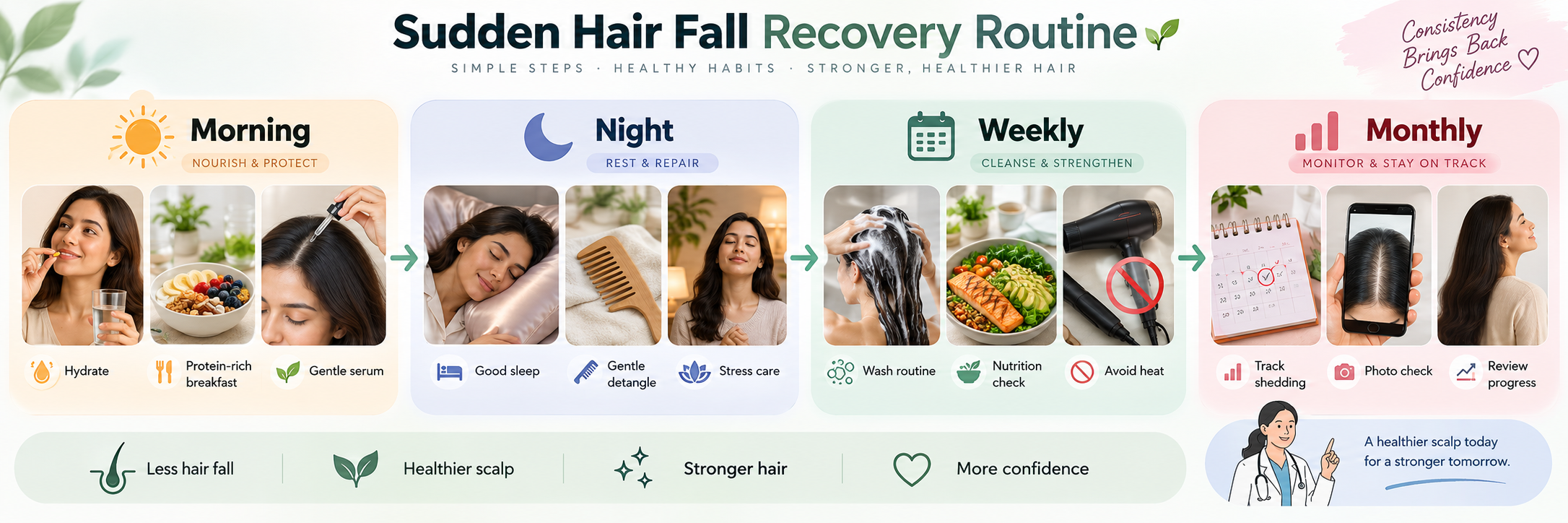 Sudden hair fall recovery routine with morning, night, weekly and monthly care steps