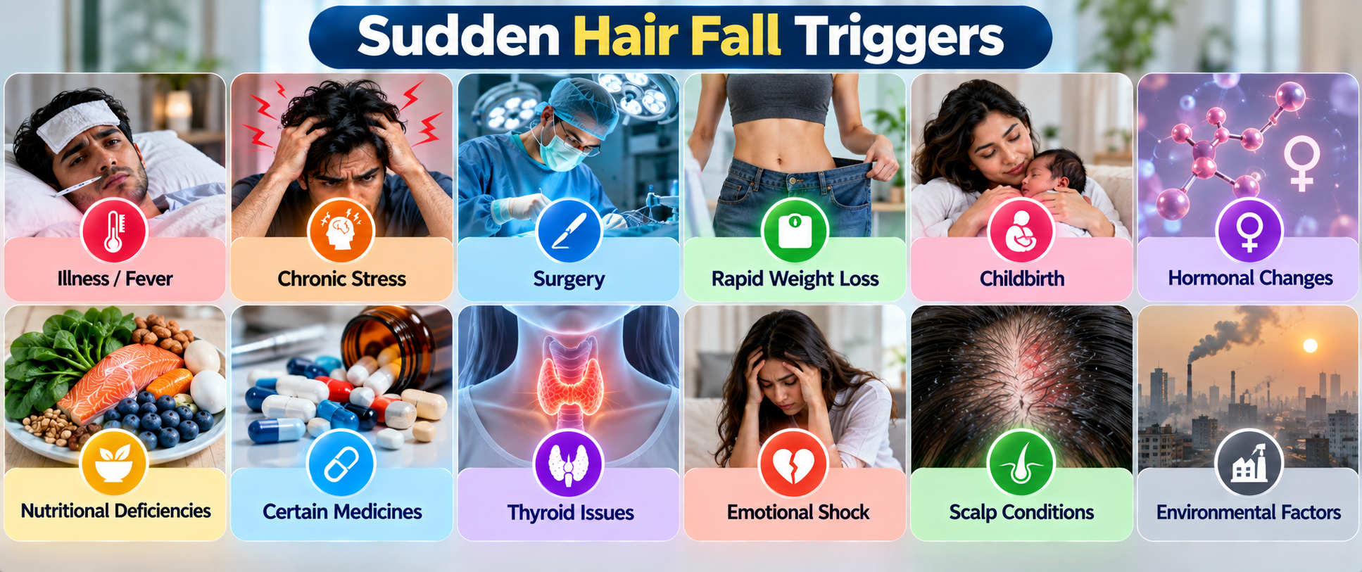 Sudden hair fall triggers including illness, chronic stress, surgery, rapid weight loss, childbirth, medicines and thyroid issues