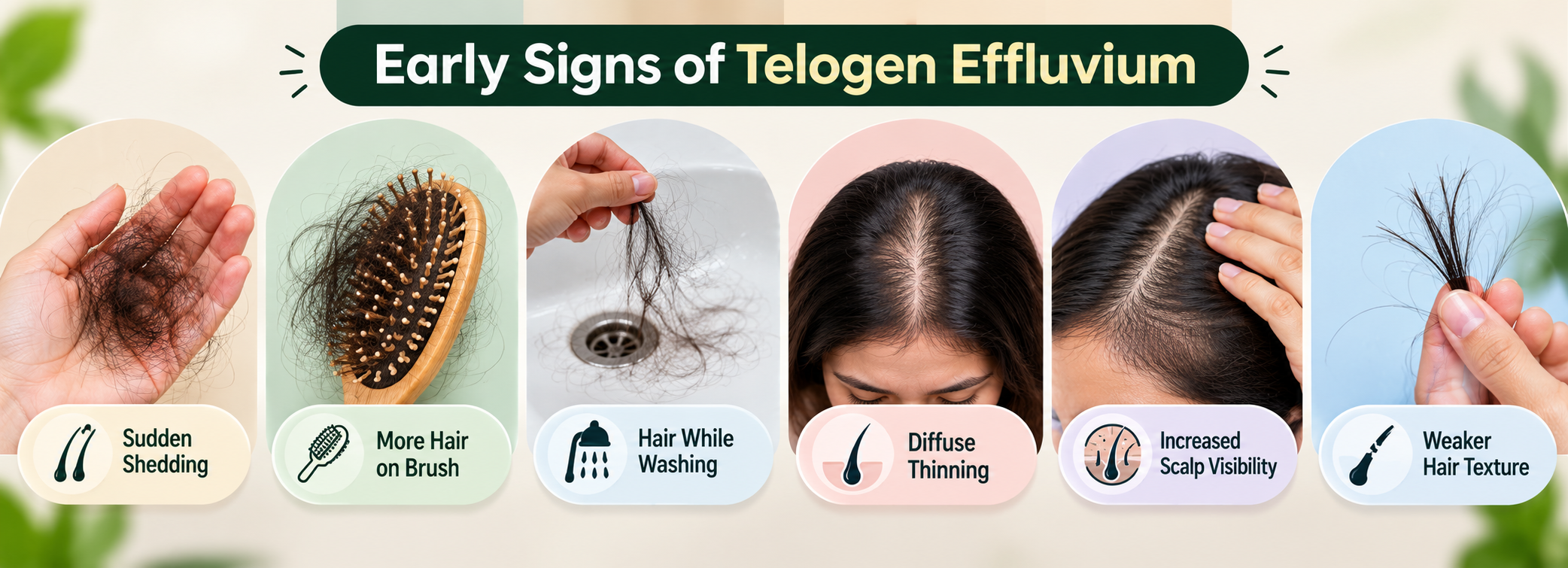 Early signs of telogen effluvium including sudden shedding, hair while washing and diffuse thinning