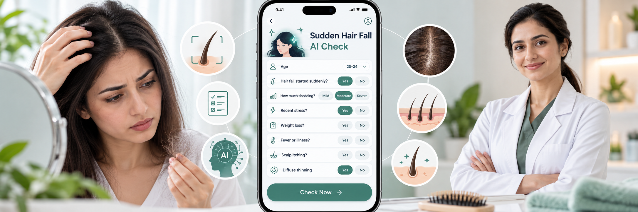 Sudden hair fall AI self-assessment questions on a smartphone