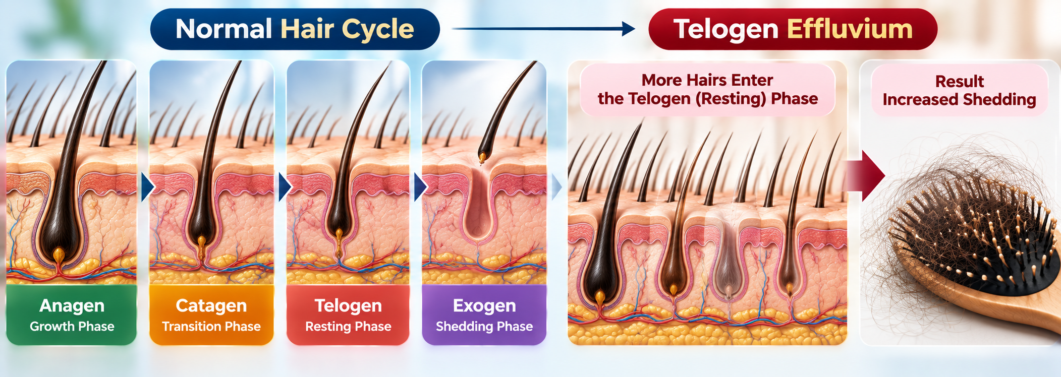 Telogen effluvium hair cycle diagram showing more hairs entering the resting and shedding phase