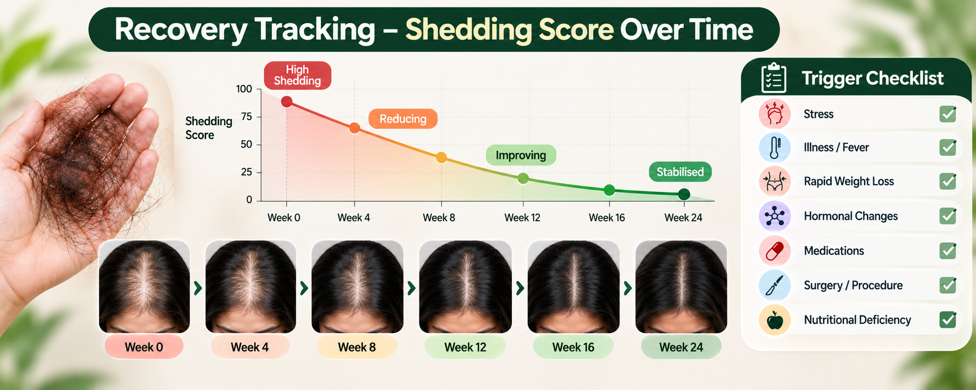 Telogen effluvium recovery with shedding score, density photos and trigger checklist