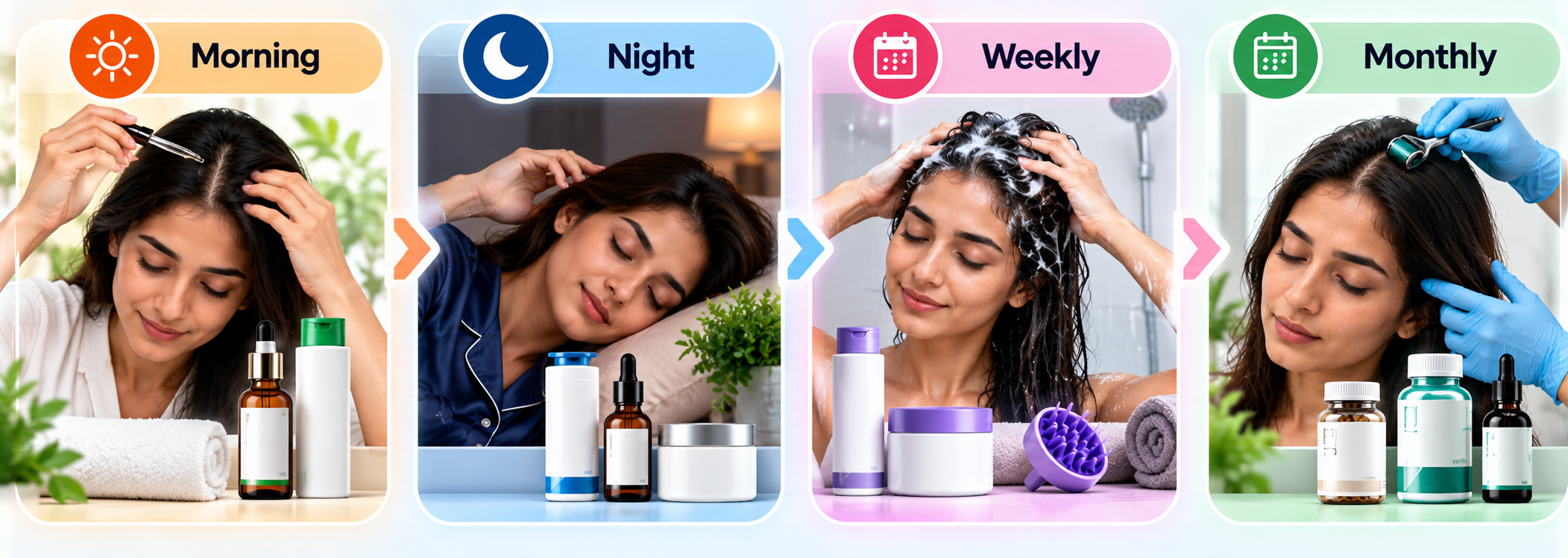 Telogen effluvium support routine with morning, night, weekly and monthly hair care steps