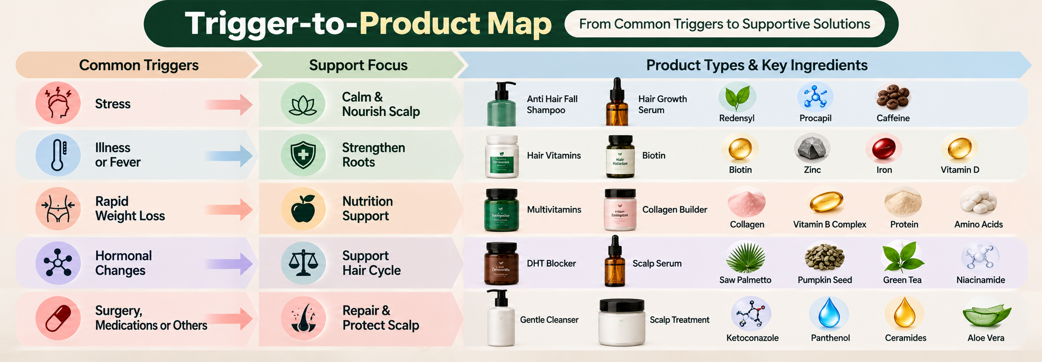Chart mapping telogen effluvium triggers to supportive product types and ingredients