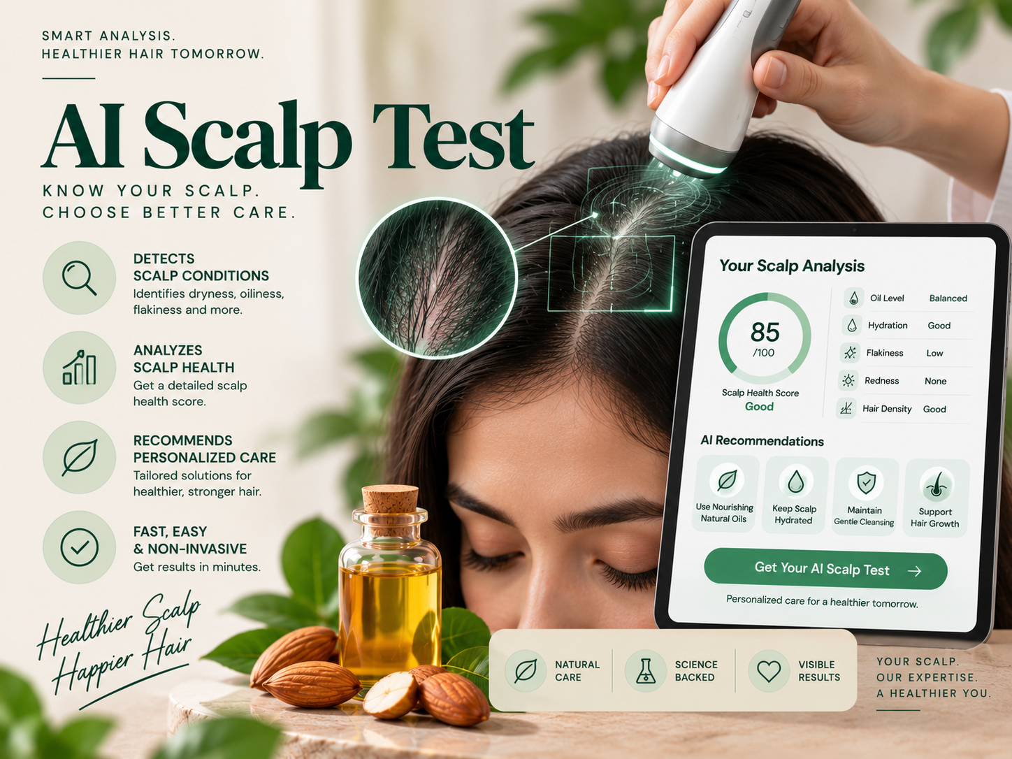 AI Scalp Test for Personalized Almond Oil Hair Care AI-powered scalp test showing a digital scalp scan, scalp health score, oil level, hydration, flakiness, redness, hair density, and personalized hair care recommendations.