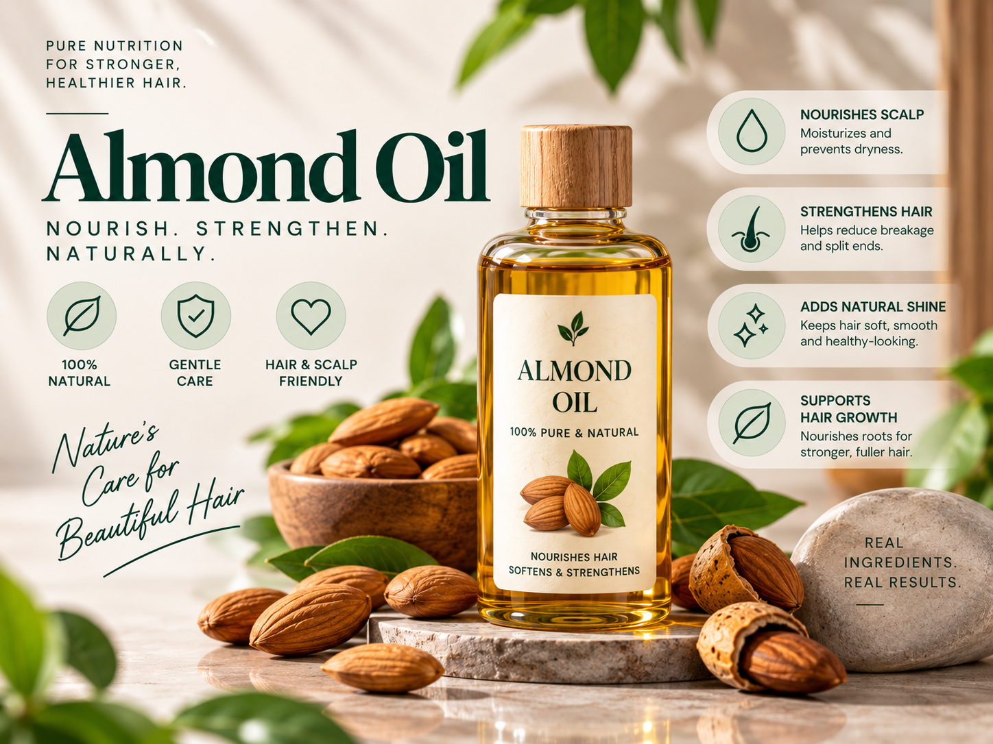 Almond Oil for Healthy-Looking Hair and Scalp Care Premium almond oil bottle surrounded by whole almonds, almond shells, and green leaves, highlighting natural hair and scalp nourishment.