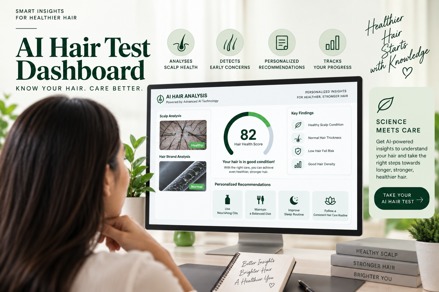 AI-powered hair test dashboard showing scalp and hair strand analysis, hair health score, key findings, and personalized care recommendations.