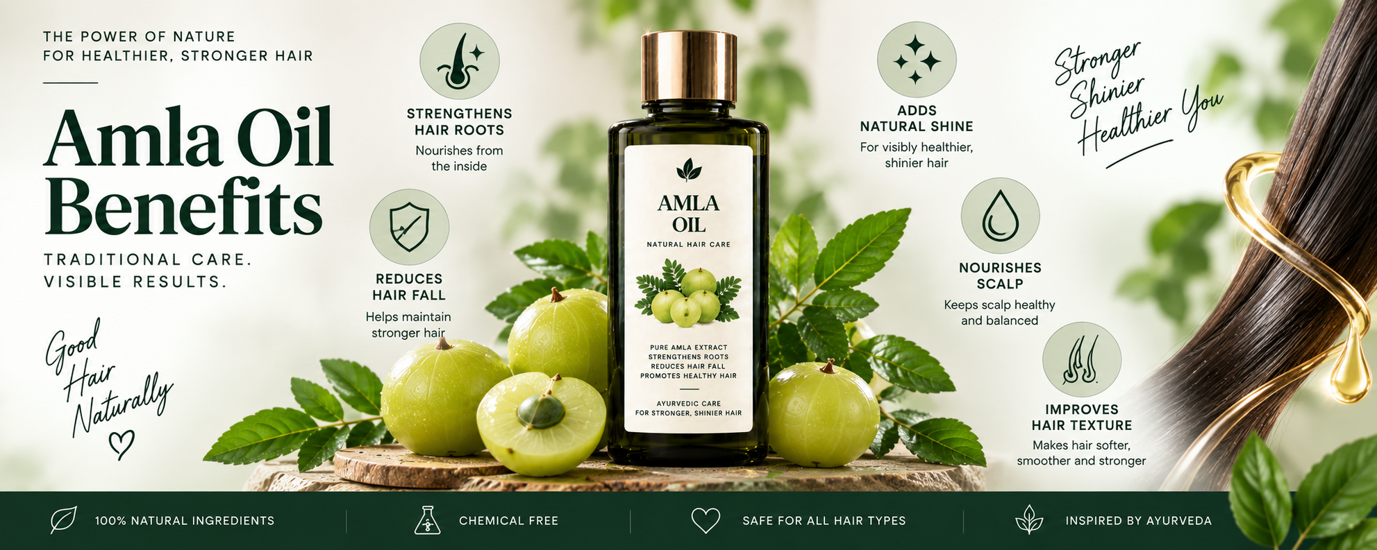 Close-up of an Amla oil bottle surrounded by fresh amla fruits and leaves, highlighting benefits for stronger roots, scalp nourishment, natural shine, and smoother-looking hair.