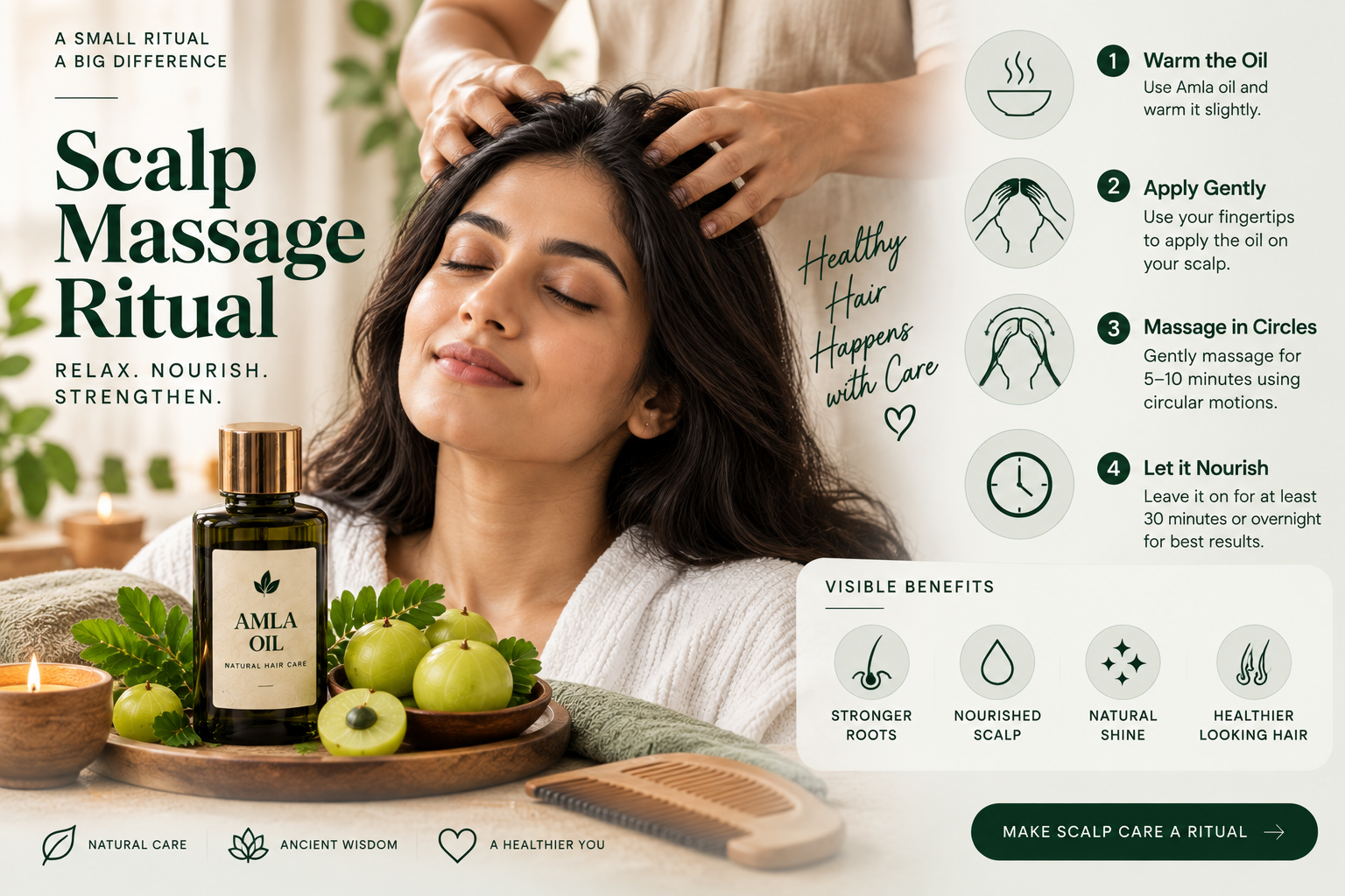 Woman receiving a relaxing scalp massage with Amla oil as part of a natural Ayurvedic hair care ritual.