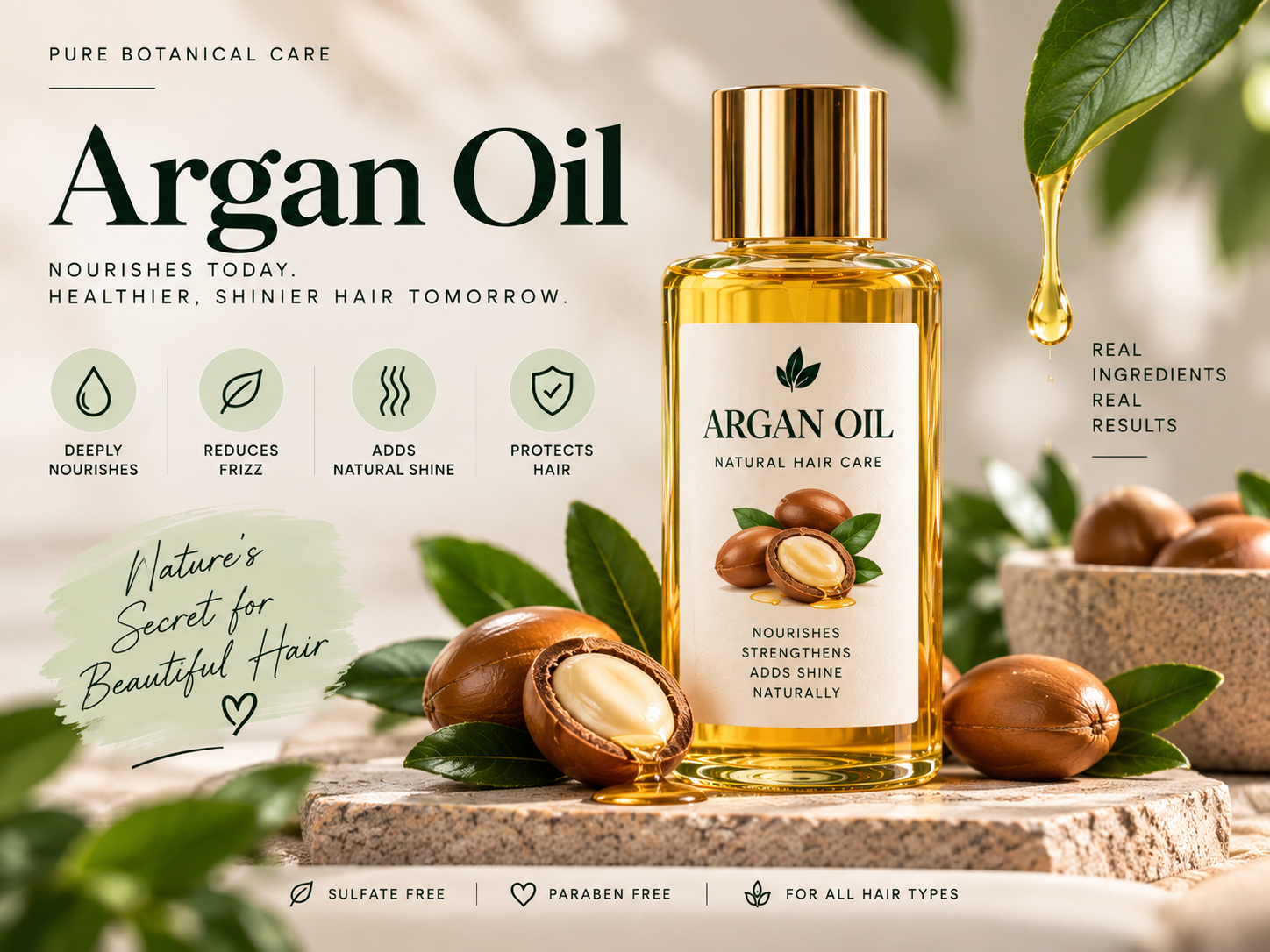 Argan Oil for Nourished and Shiny Hair Premium argan oil bottle with natural argan nuts and leaves for nourishing, smoother, and healthier-looking hair.