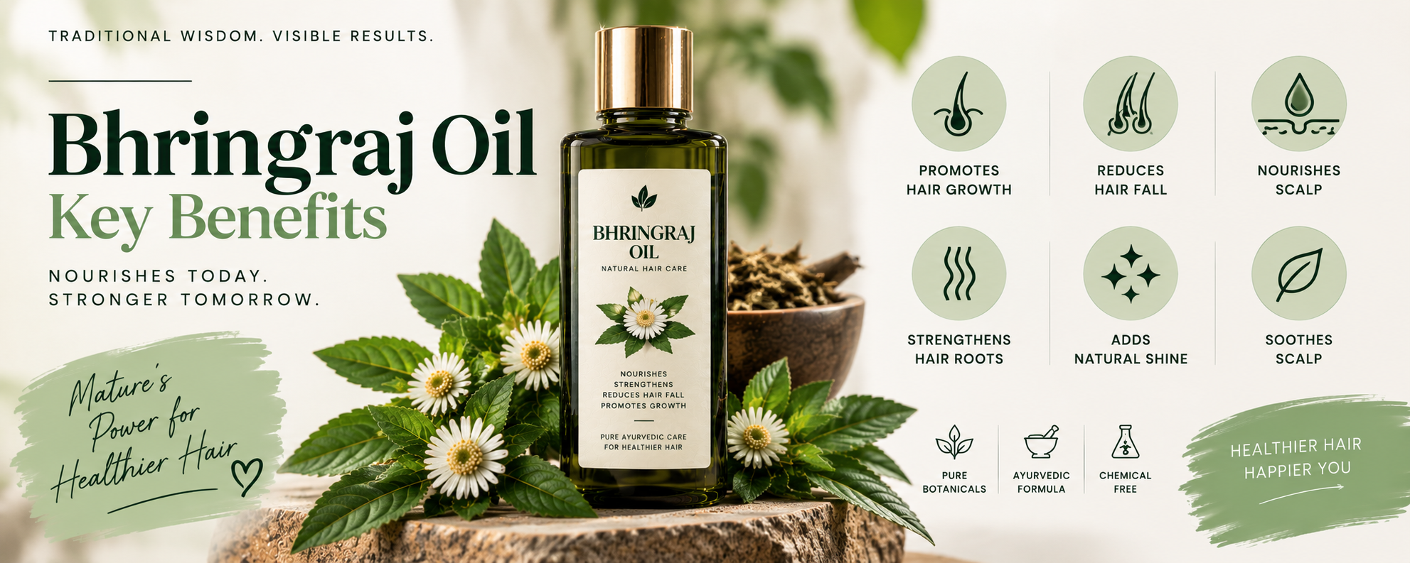 Close-up Bhringraj oil bottle surrounded by fresh Bhringraj leaves and flowers, highlighting scalp nourishment, stronger roots, natural shine, and healthier-looking hair.