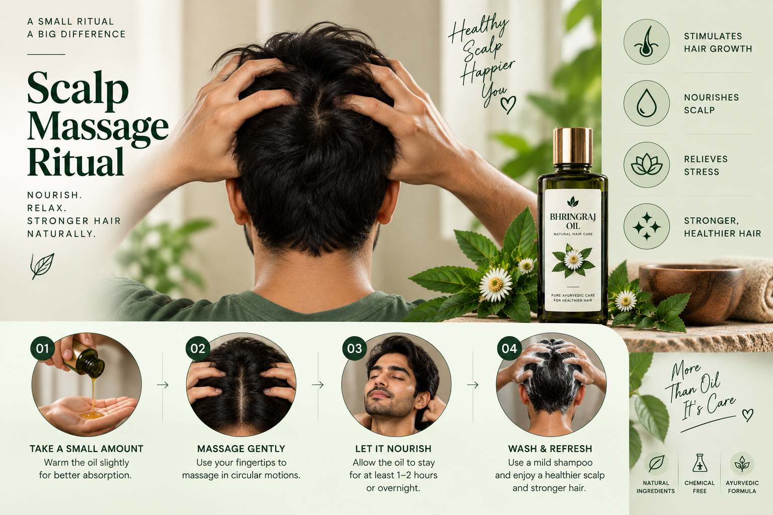 Man performing a Bhringraj oil scalp massage as part of a relaxing Ayurvedic hair care ritual.