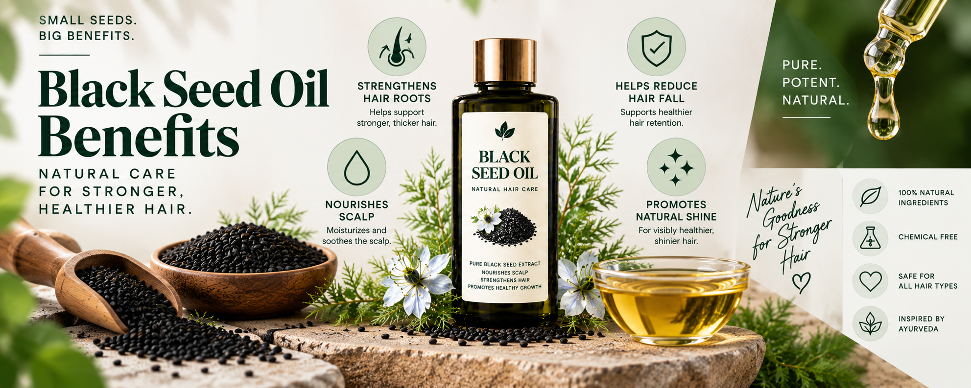 Close-up of a black seed oil bottle with nigella seeds, flowers, and oil, highlighting scalp nourishment, stronger-looking roots, natural shine, and healthier-looking hair.