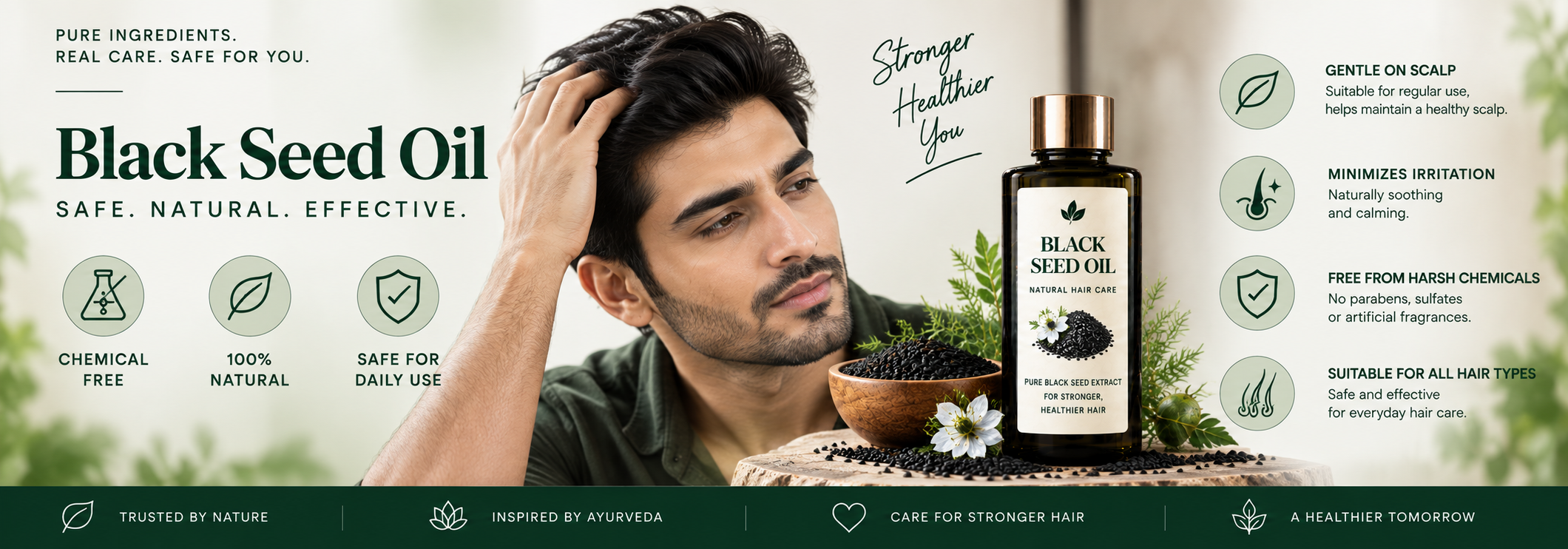 Male model with healthy-looking hair alongside a black seed oil bottle and nigella seeds, highlighting gentle and natural scalp care.
