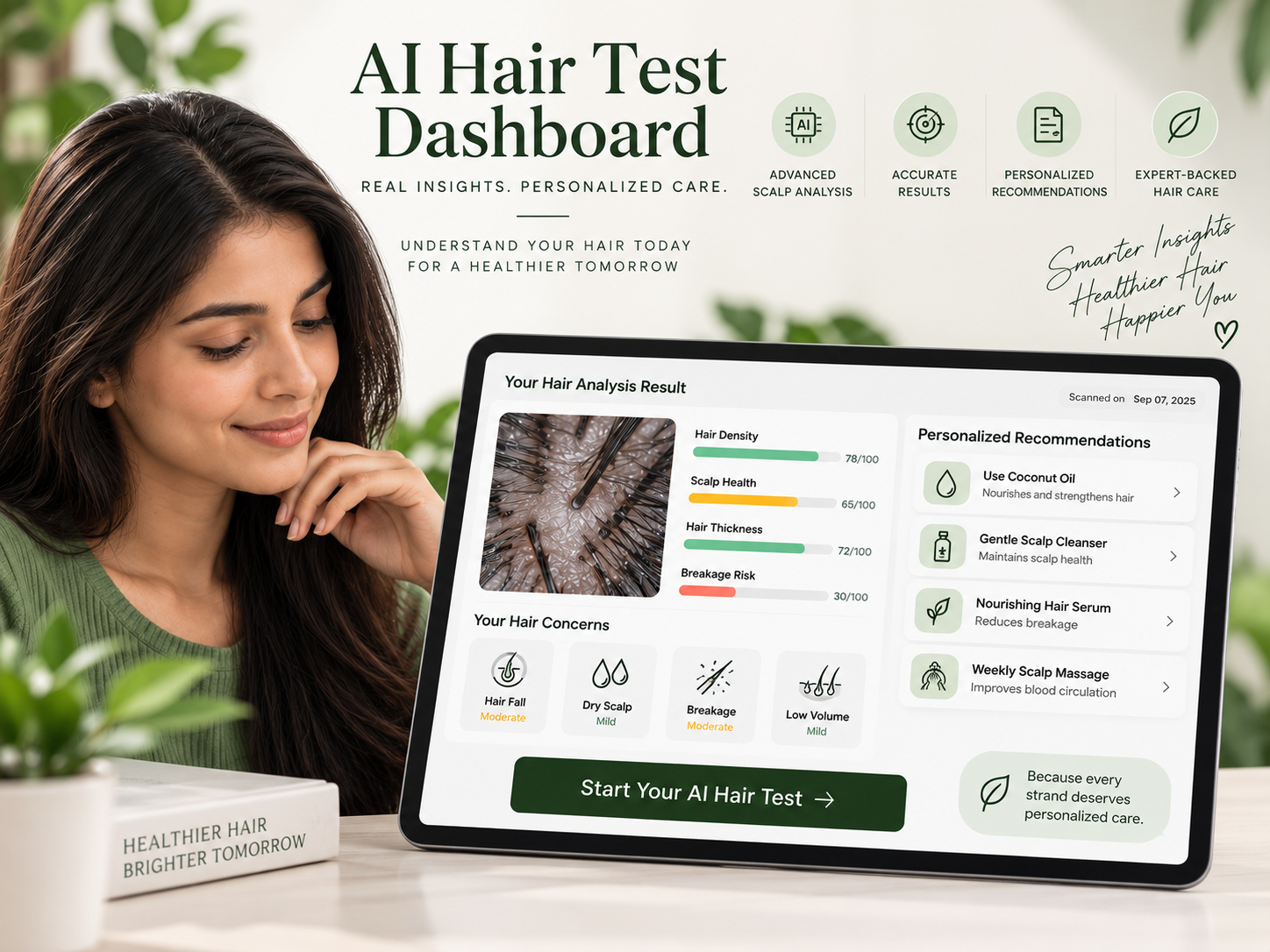 AI Hair Test for Coconut Oil Suitability | Hairsncares AI-powered hair test dashboard displaying personalized scalp analysis, hair health insights, and customized hair care recommendations.