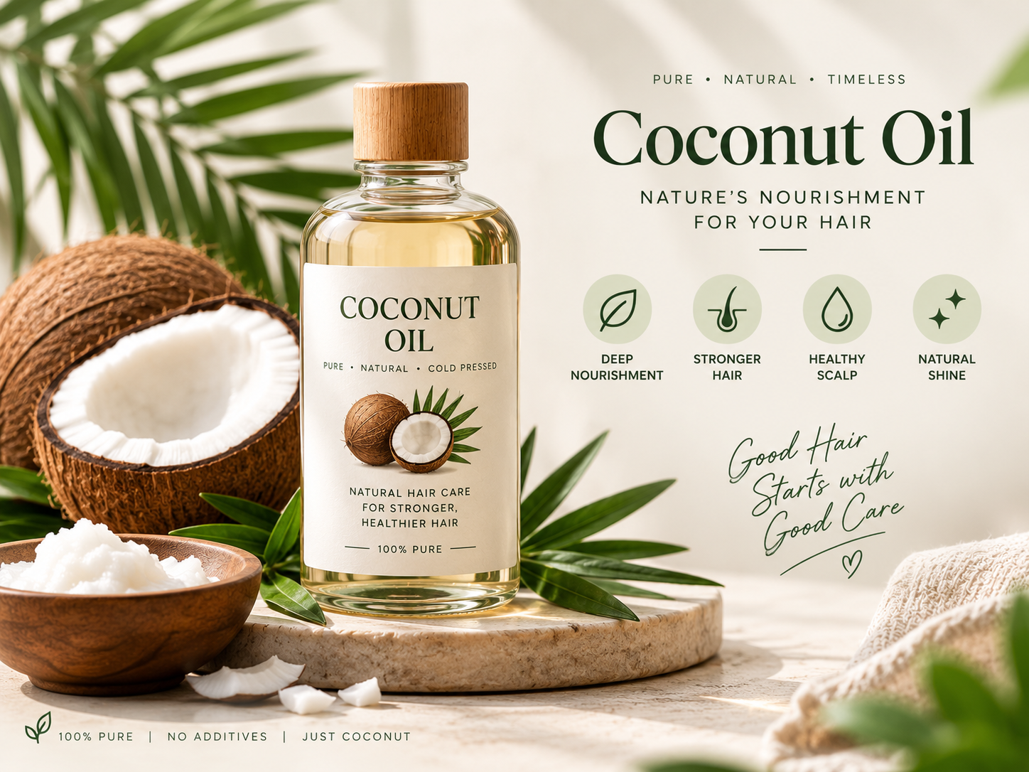 Coconut Oil for Dry Hair, Frizz Control and Pre-Wash Nourishment | Hairsncares Pure coconut oil bottle with fresh coconut and tropical leaves for natural hair nourishment and healthy-looking hair.