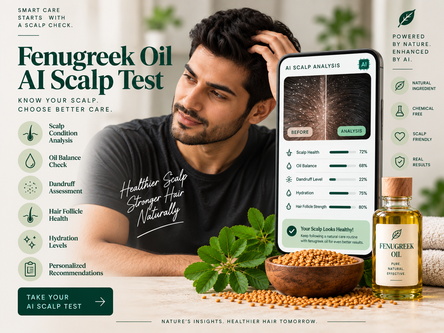 AI-powered scalp test featuring a male model, digital scalp analysis, oil balance, dandruff assessment, hydration levels, hair follicle health, and personalized hair care recommendations.