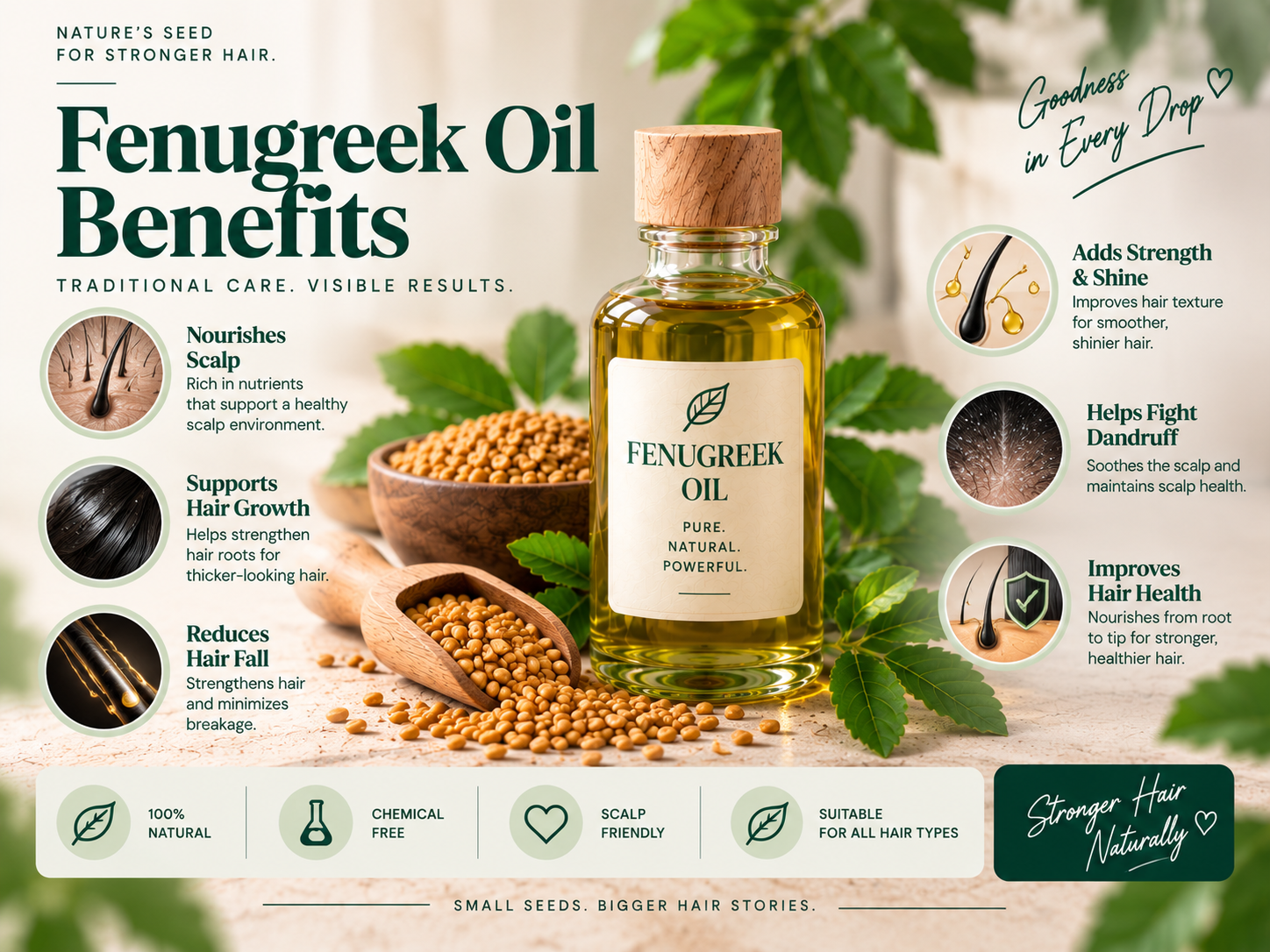 Macro view of golden fenugreek oil in a premium bottle surrounded by fenugreek seeds and fresh botanical leaves, highlighting scalp nourishment and healthy-looking hair.