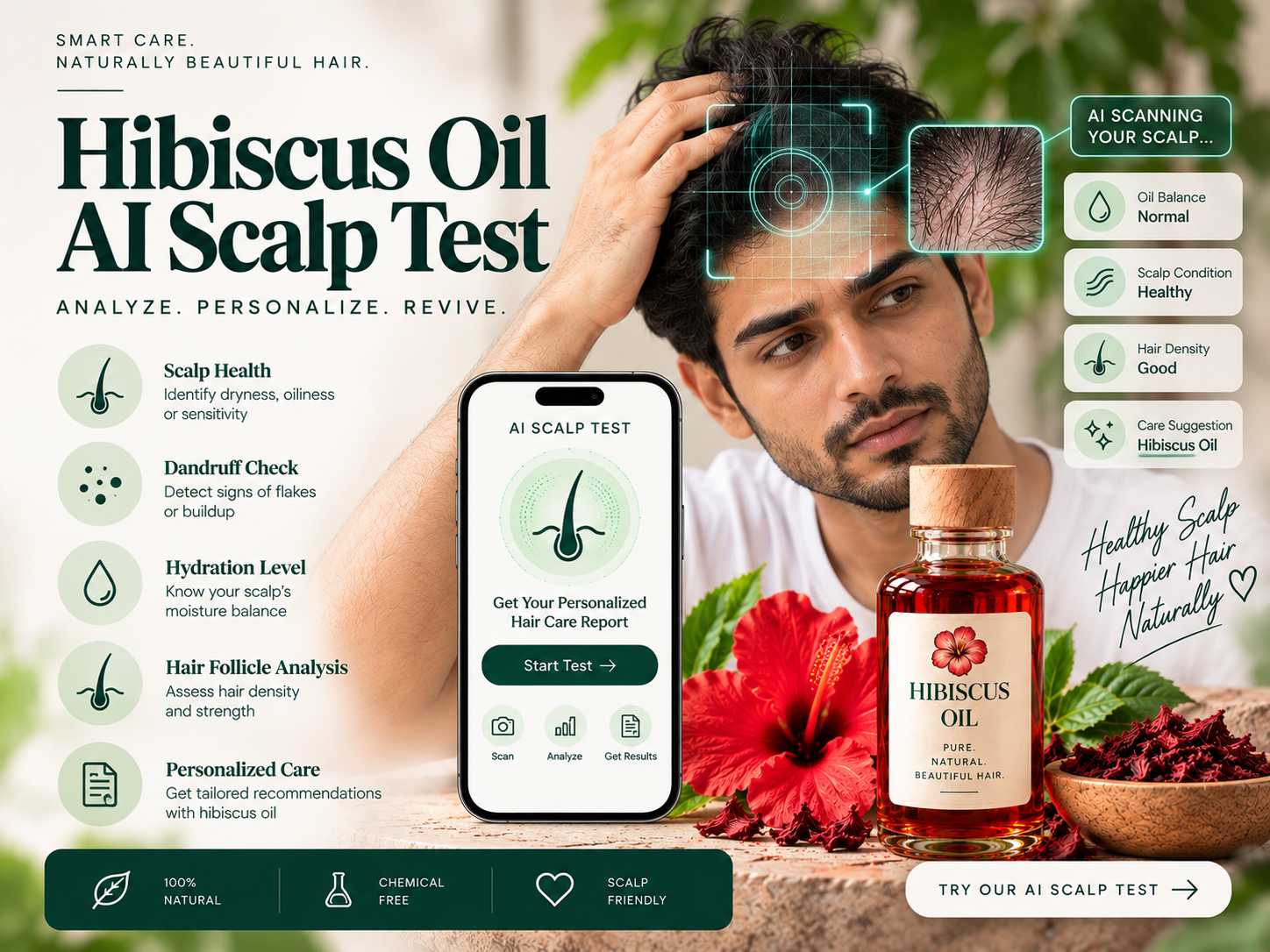 AI-powered scalp test featuring a male model, digital scalp scan, scalp health analysis, hydration levels, hair density assessment, and personalized hibiscus oil care recommendations.