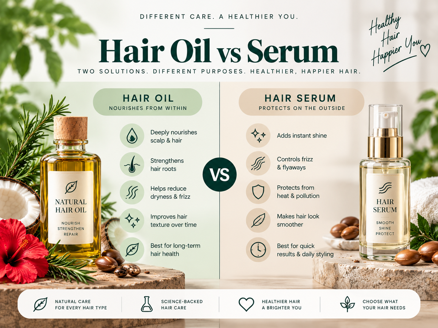 Side-by-side comparison of hair oil and hair serum, highlighting their different benefits for nourishment, scalp care, shine, frizz control, styling, and hair protection.