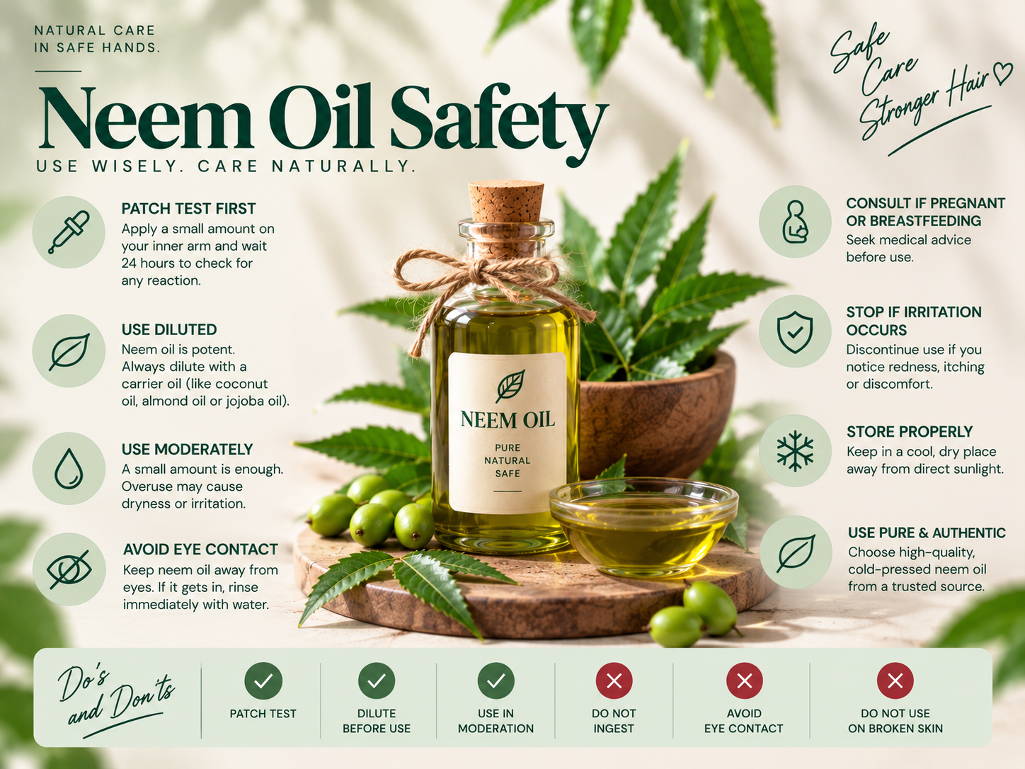 Neem oil safety guide showing a neem oil bottle with patch test, dilution, moderate use, eye safety, proper storage, and irritation precautions.