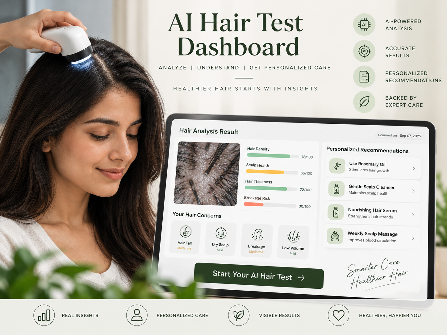 AI-powered hair test dashboard showing scalp analysis, hair health insights, and personalized hair care recommendations.