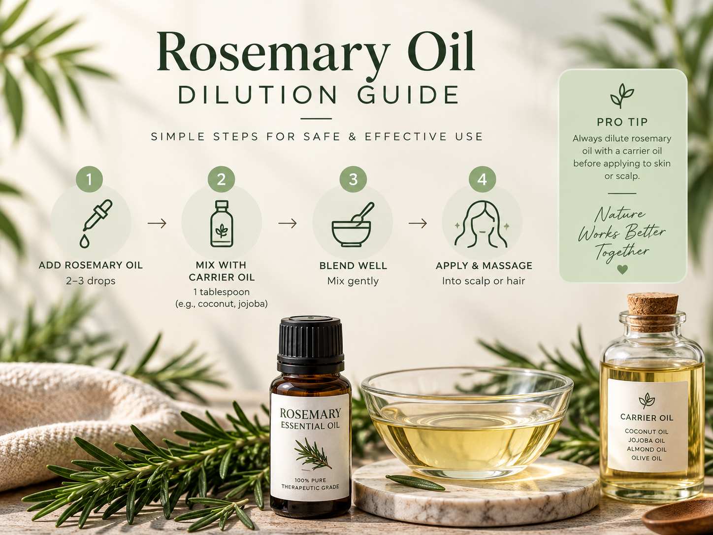 Step-by-step guide showing how to dilute rosemary essential oil with a carrier oil before applying it to the hair and scalp