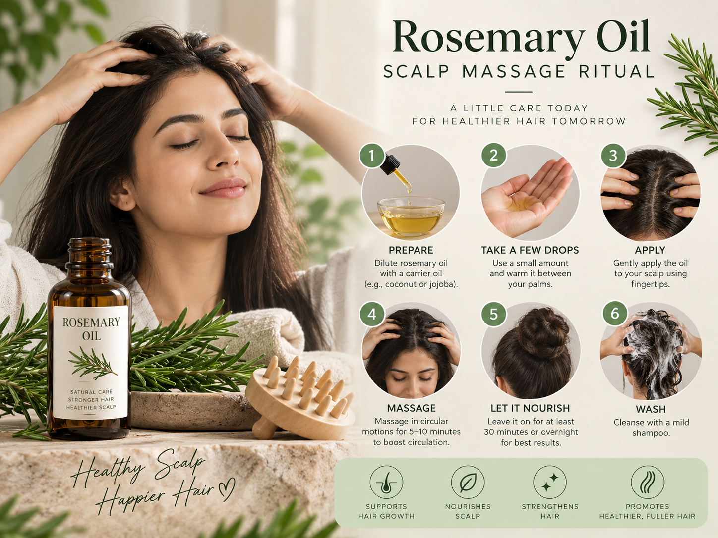 Woman performing a relaxing scalp massage with rosemary oil as part of a natural hair care ritual.