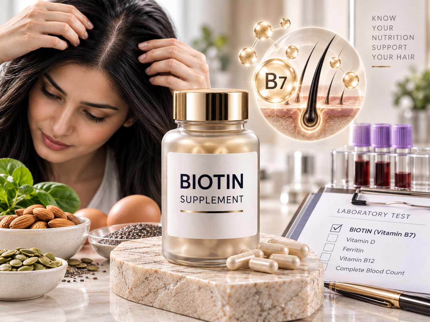 Biotin supplements for deficiency-related nutritional hair support with testing guidance
