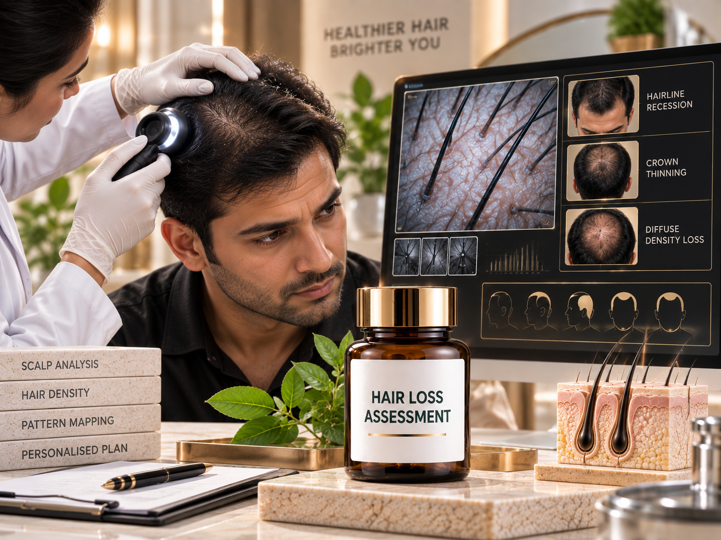 Hair loss assessment for patterned thinning receding hairline and crown density loss