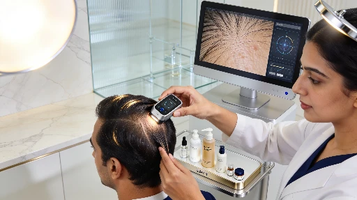 Diagnosis-First Hair Treatment Assessment Dermatologist assessing scalp and hair before selecting an appropriate hair treatment