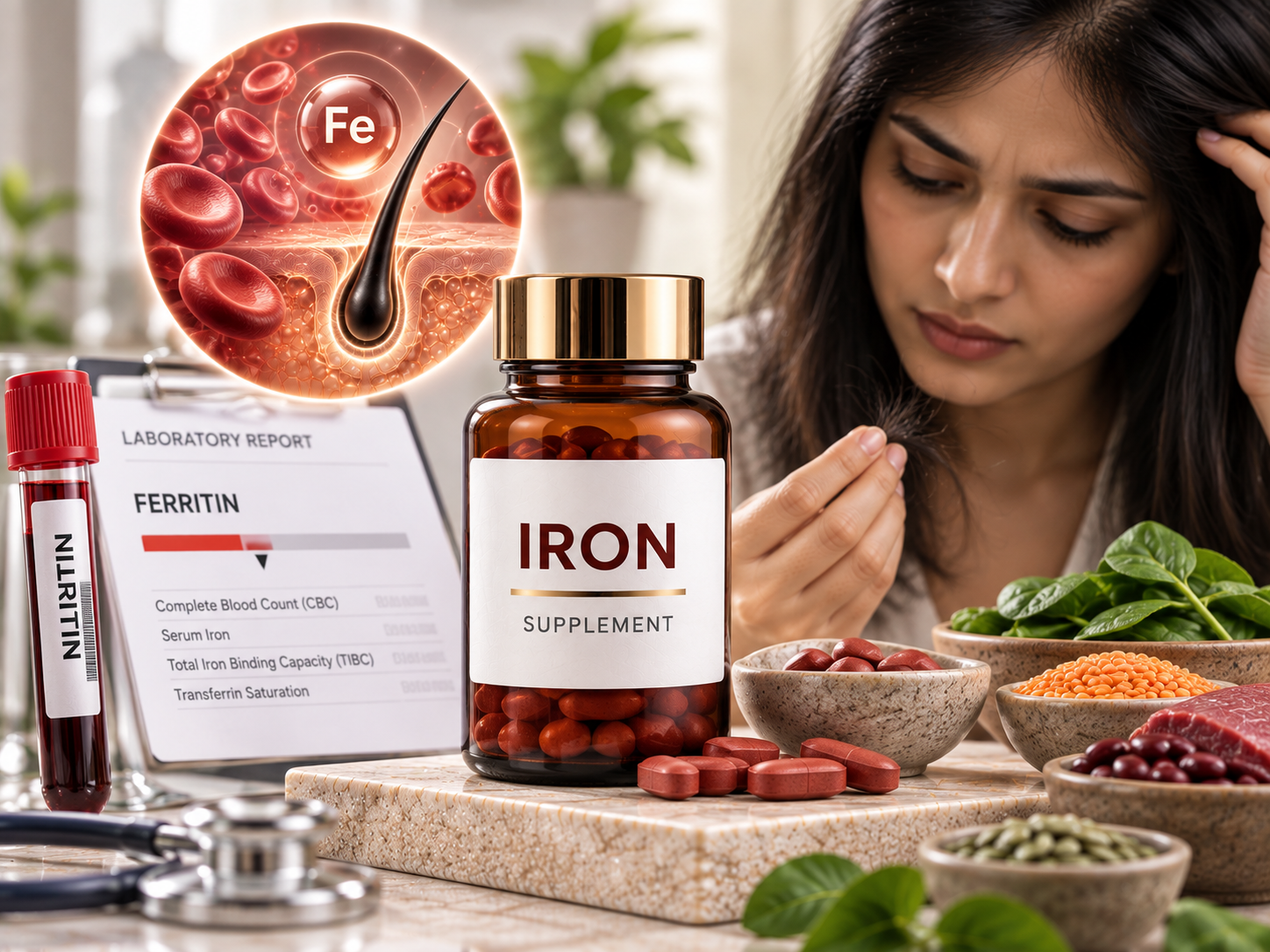 Iron supplements for confirmed low iron or ferritin related hair fall support