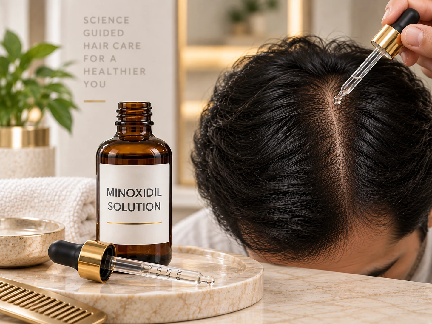 Minoxidil solution with dropper for targeted topical application to thinning scalp areas