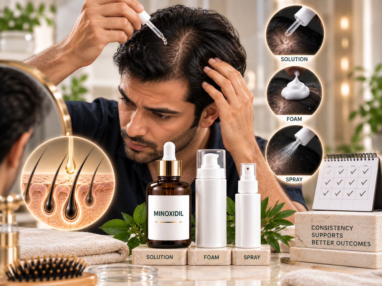 Minoxidil treatment guide showing solution foam and spray formats for hair loss