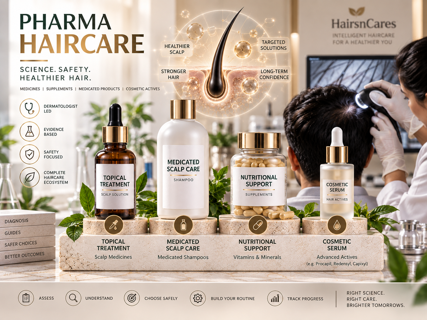 Pharma haircare products including medicines supplements medicated shampoos and cosmetic actives