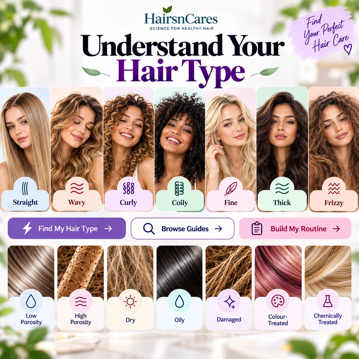 Hair type guide showing straight wavy curly coily fine thick and frizzy hair with porosity and damage concerns