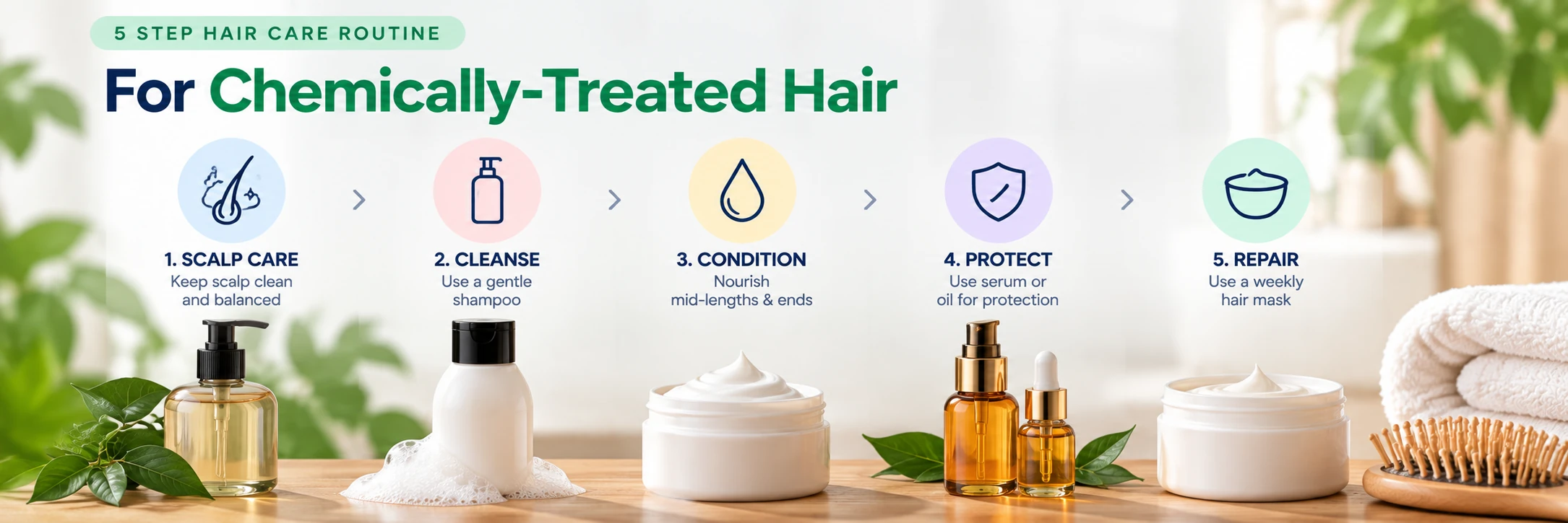 Five step chemically treated hair care routine with scalp care shampoo conditioner serum oil and weekly hair mask