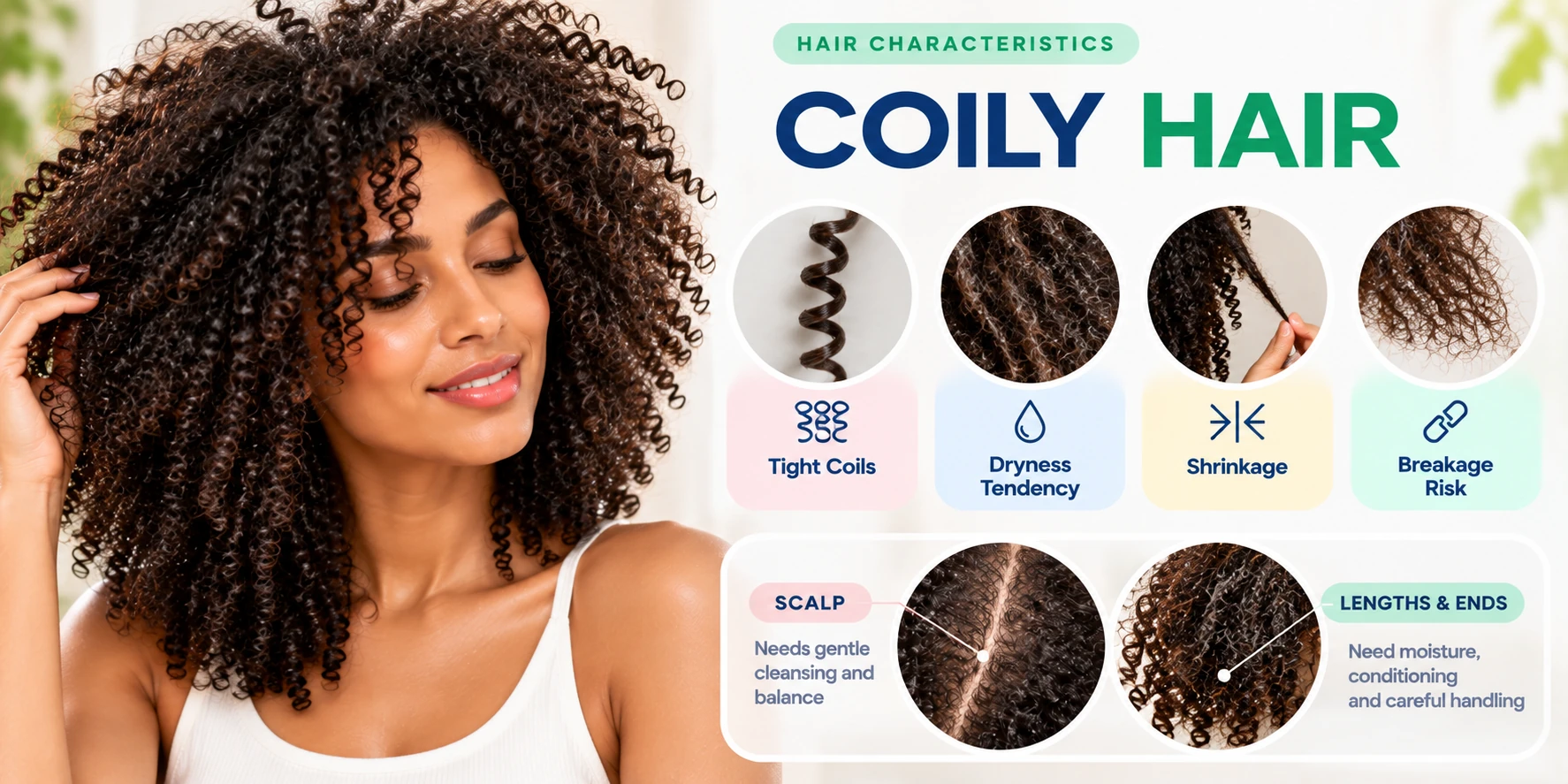 Coily hair characteristics showing tight coils dryness tendency shrinkage and breakage risk with scalp and length care
