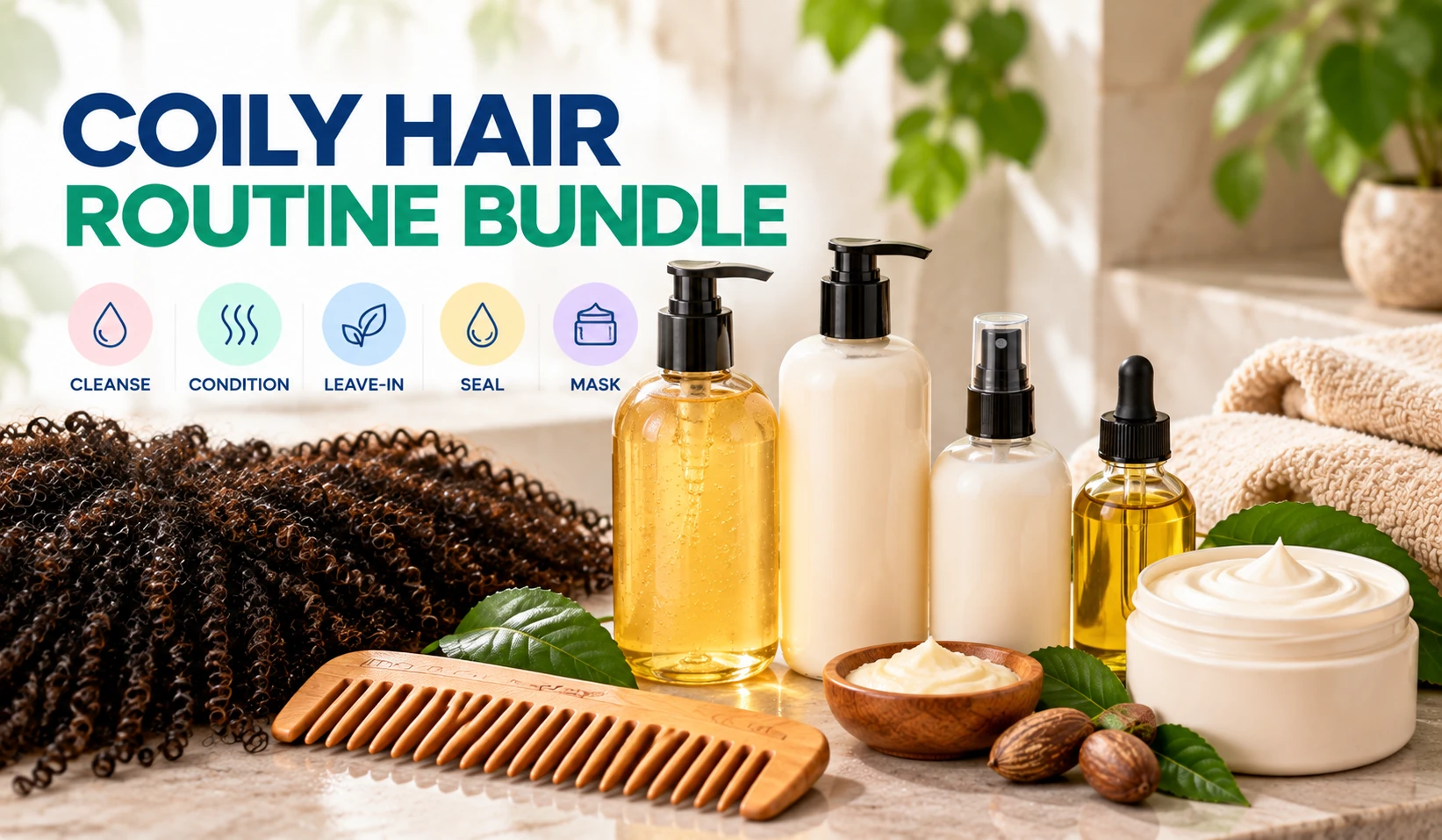 Coily hair routine product bundle with shampoo conditioner leave in oil hair mask and wide tooth comb
