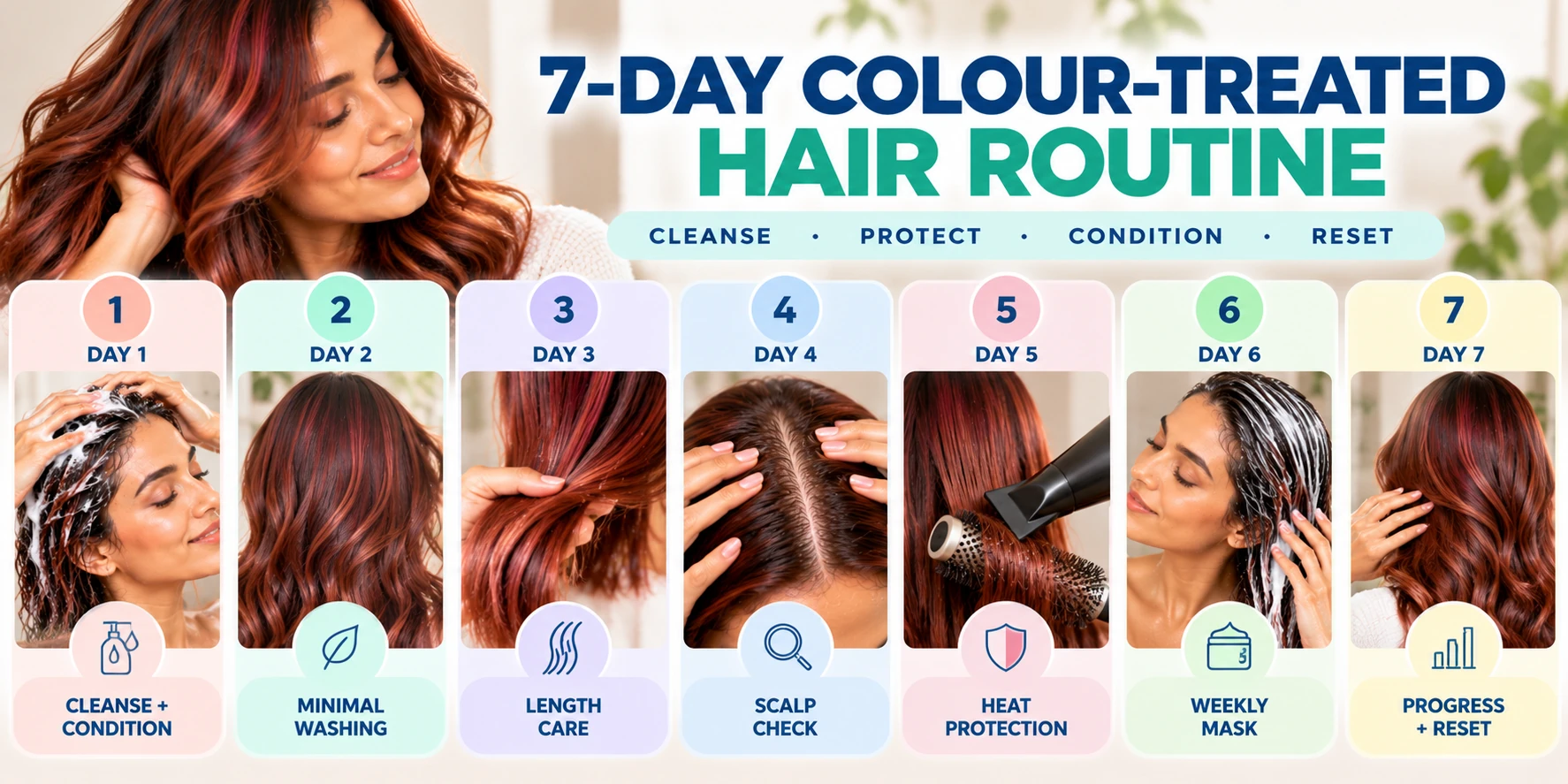 Seven day colour treated hair routine with cleansing conditioning length care scalp check heat protection hair mask and progress tracking