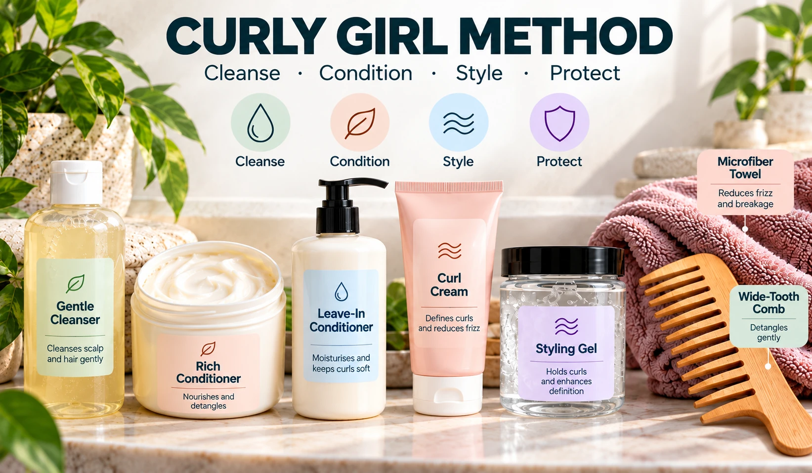 Curly Girl Method-inspired hair care kit with gentle cleanser, conditioner, leave-in, curl cream, styling gel, microfiber towel and wide-tooth comb